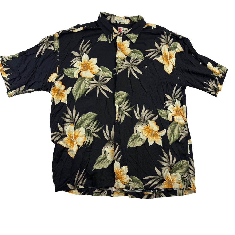 Hilo Hattie Hawaiian Shirt Mens XXL Black Yellow‎ Floral Rayon Camp Aloha Button